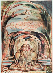 Das erste Buch Urizens; Titelblatt mit Urizen (der die Verkörperung der unaufgeklärten Vernunft darstellt), der unter dem Baum des Mysteriums sitzt und „die Geheimnisse der Weisheit“ in sein „Buch aus Messing“ schreibt, 17